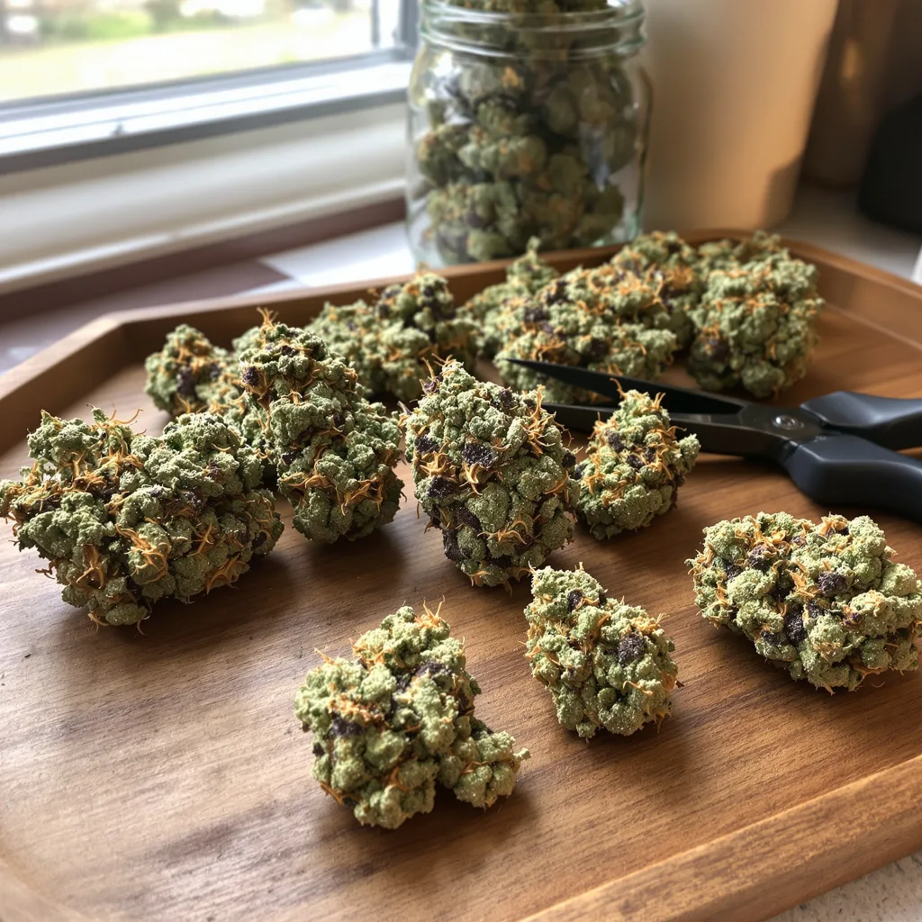 Sour Bubba 47% Indica / 53% Sativa — Blüte mit sichtbaren Trichomen