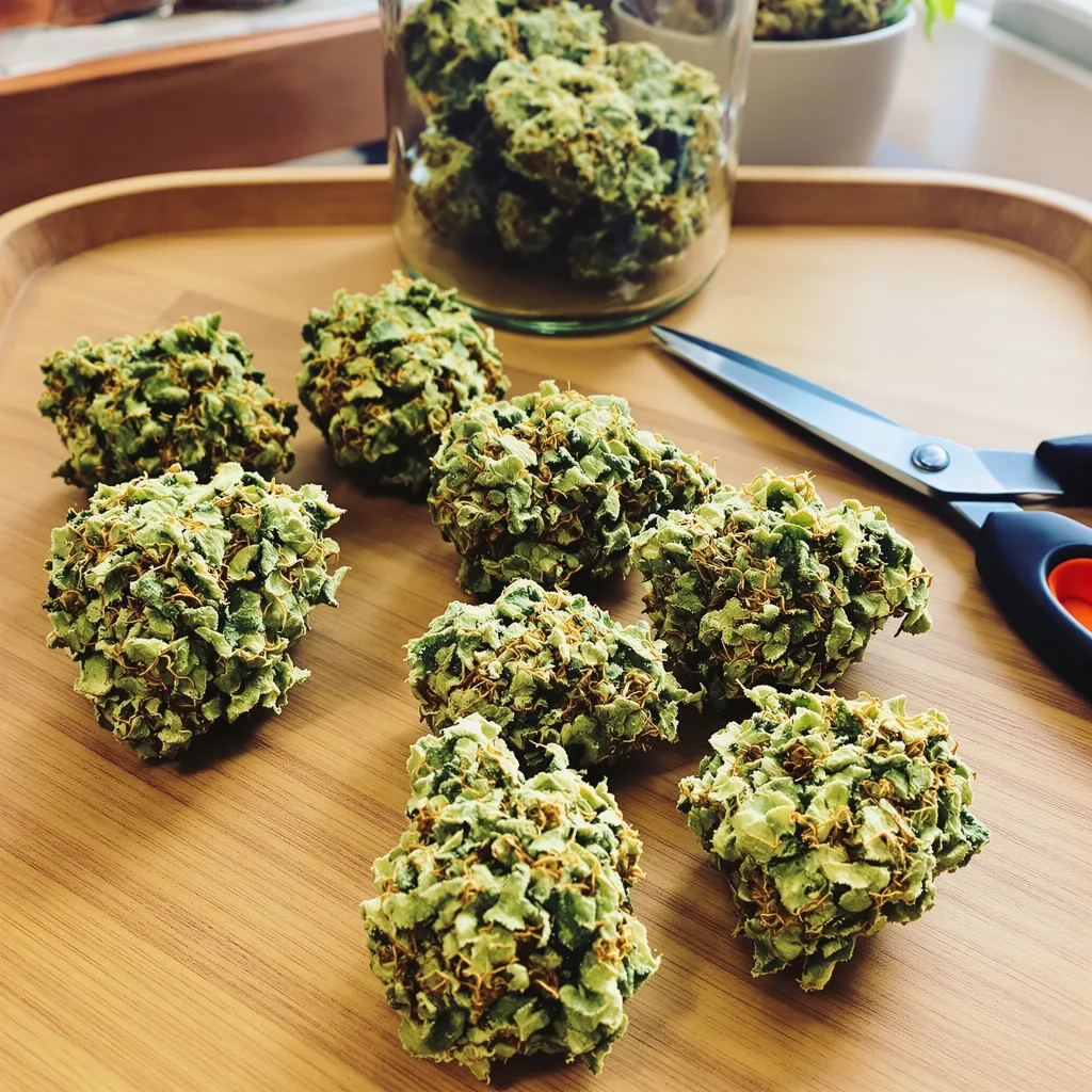 Sour Dream 12% Indica / 88% Sativa — Blüte mit sichtbaren Trichomen