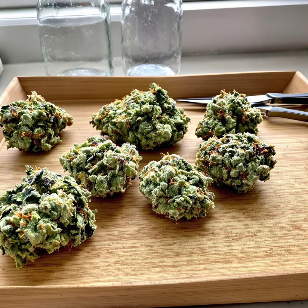Sour Dubble 61% Indica / 39% Sativa — Blüte mit sichtbaren Trichomen