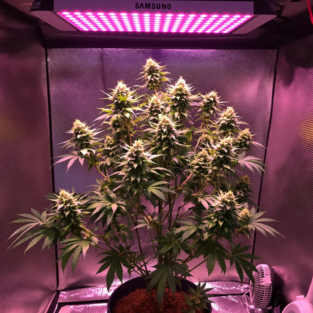 Sour Girl 57% Indica / 43% Sativa — Blüte mit sichtbaren Trichomen