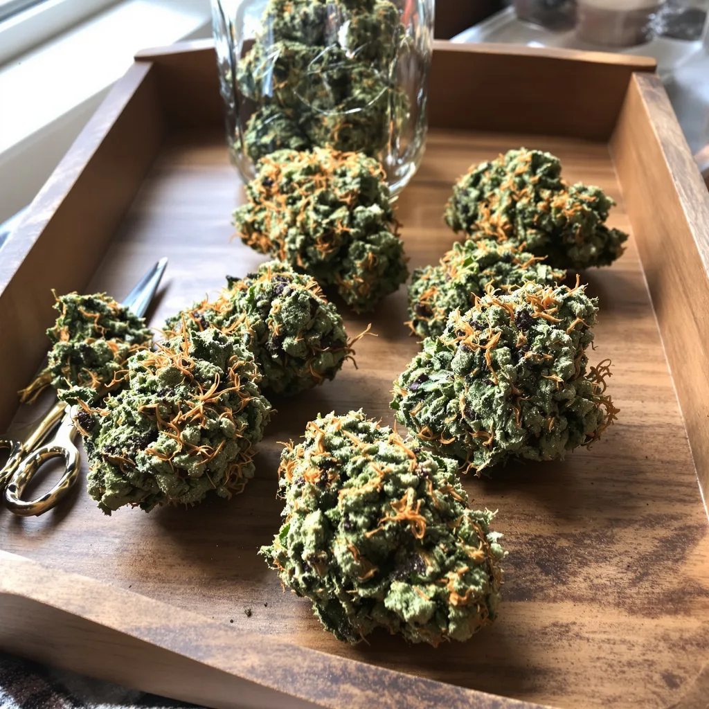 Sour Kush 50% Indica / 50% Sativa — Blüte mit sichtbaren Trichomen