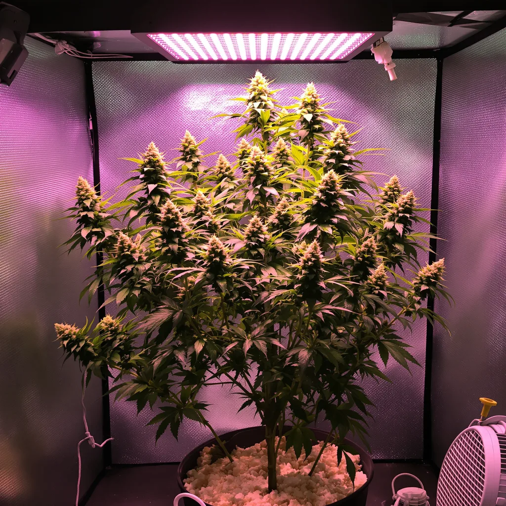 Sour Kush 50% Indica / 50% Sativa — Blüte mit sichtbaren Trichomen
