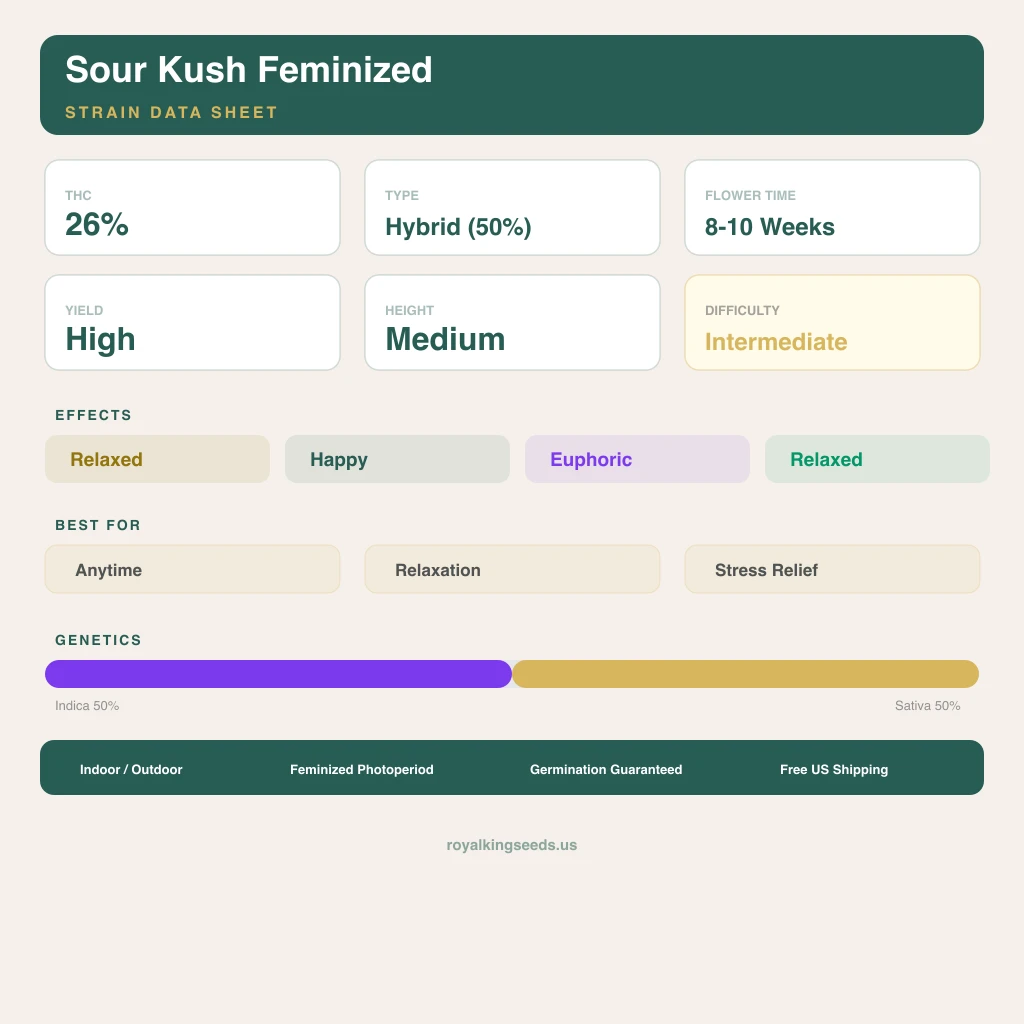 Sour Kush 50% Indica / 50% Sativa — Blüte mit sichtbaren Trichomen