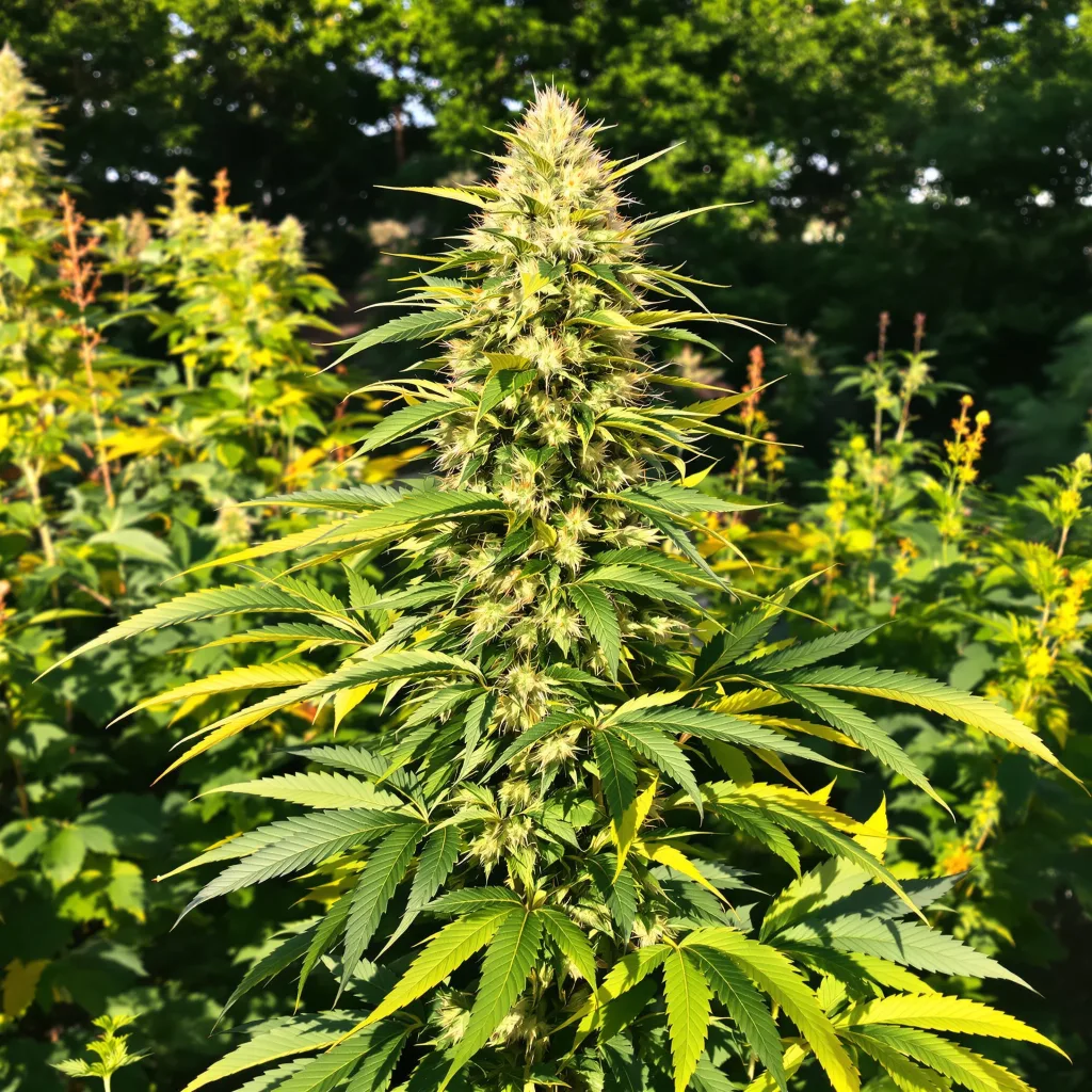 Sour Kush 50% Indica / 50% Sativa — Blüte mit sichtbaren Trichomen