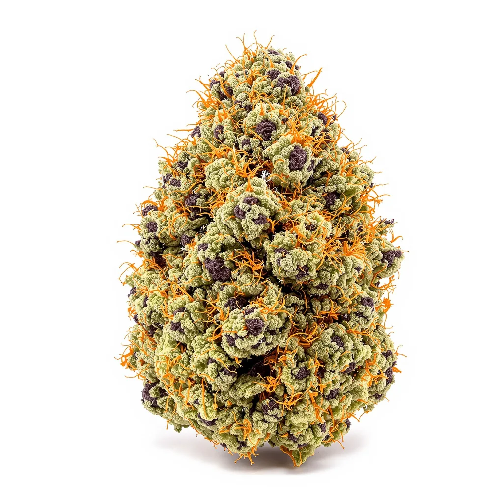 South Indian 73% Indica / 27% Sativa — Blüte mit sichtbaren Trichomen