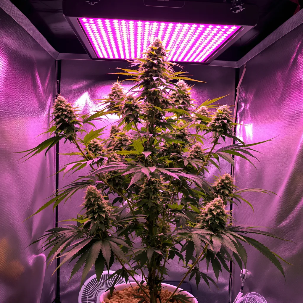 Space Bomb 40% Indica / 60% Sativa — Blüte mit sichtbaren Trichomen
