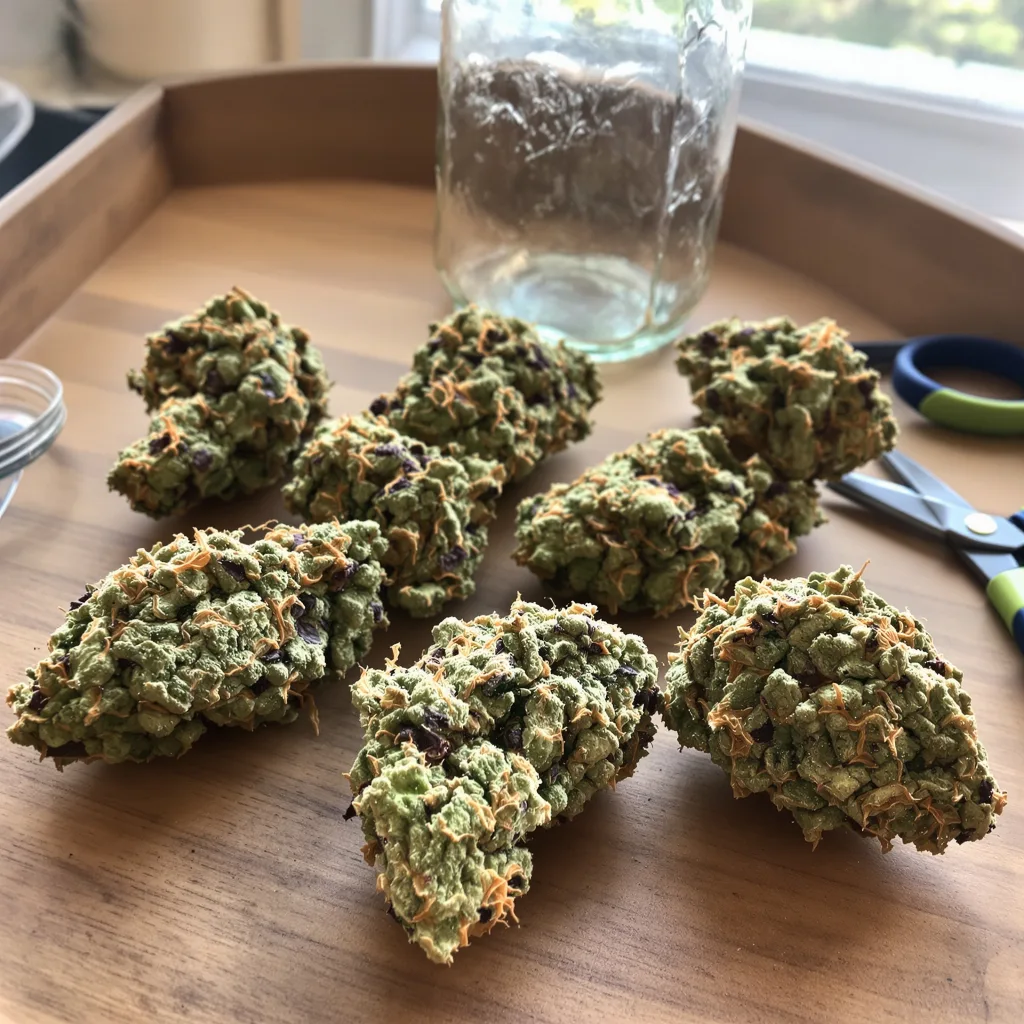 Space Queen 50% Indica / 50% Sativa — Blüte mit sichtbaren Trichomen