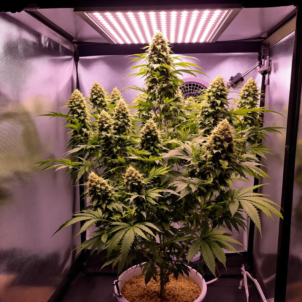 Space Queen 50% Indica / 50% Sativa — Blüte mit sichtbaren Trichomen