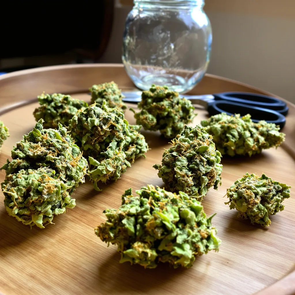 Stardawg 13% Indica / 87% Sativa — Blüte mit sichtbaren Trichomen