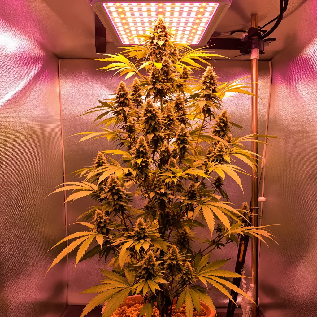 Stardawg 13% Indica / 87% Sativa — Blüte mit sichtbaren Trichomen