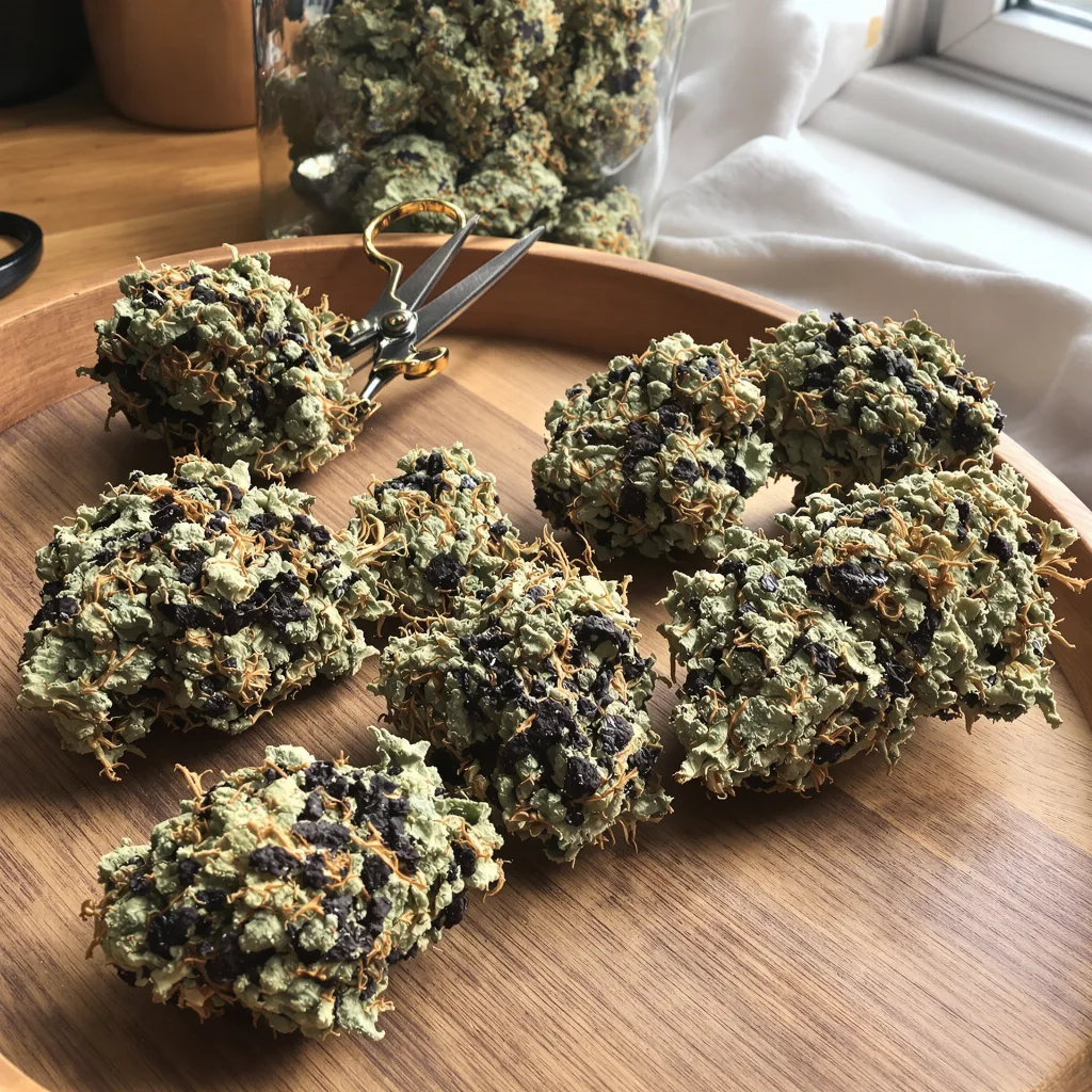 Strawberry Cheesecake 70% Indica / 30% Sativa — Blüte mit sichtbaren Trichomen