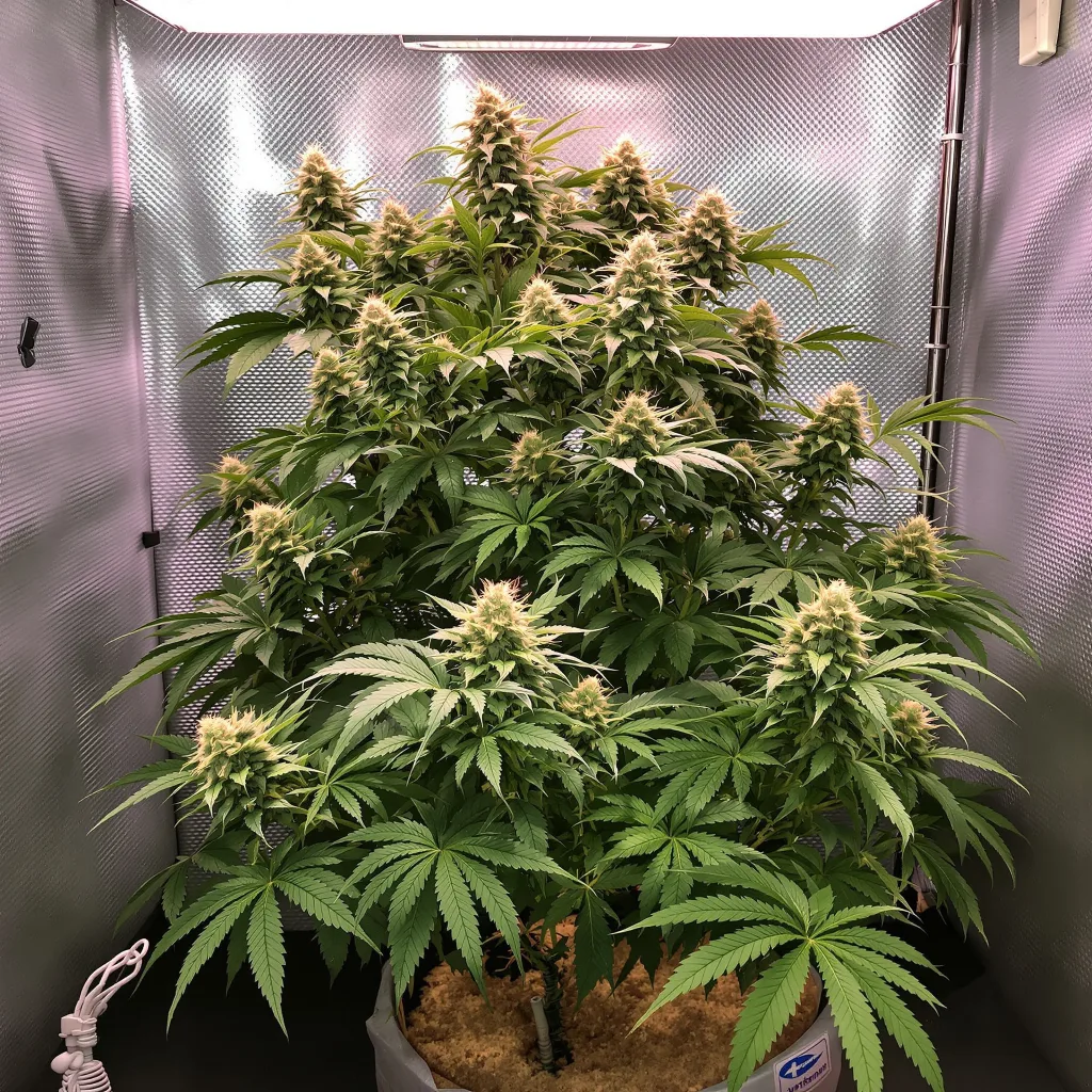 Strawberry Cheesecake 70% Indica / 30% Sativa — Blüte mit sichtbaren Trichomen