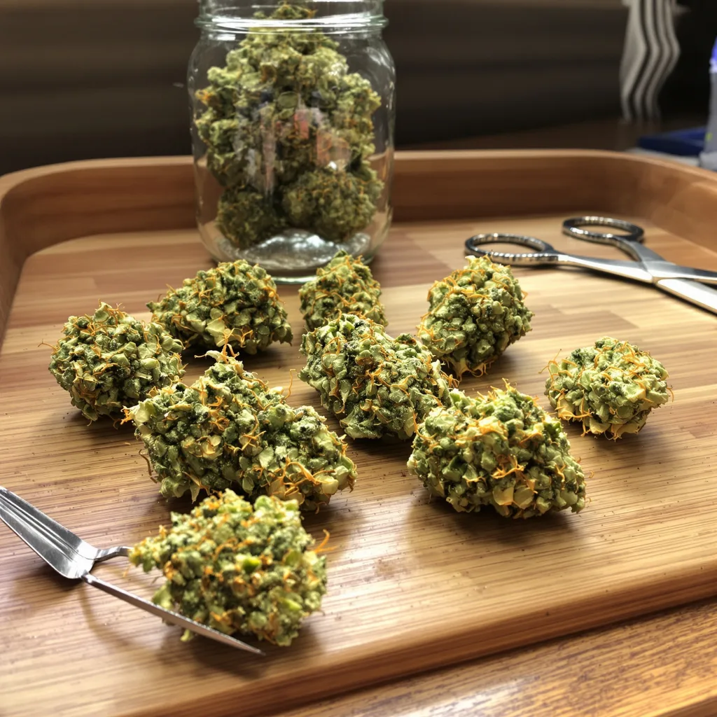 Strawberry 5% Indica / 95% Sativa — Blüte mit sichtbaren Trichomen