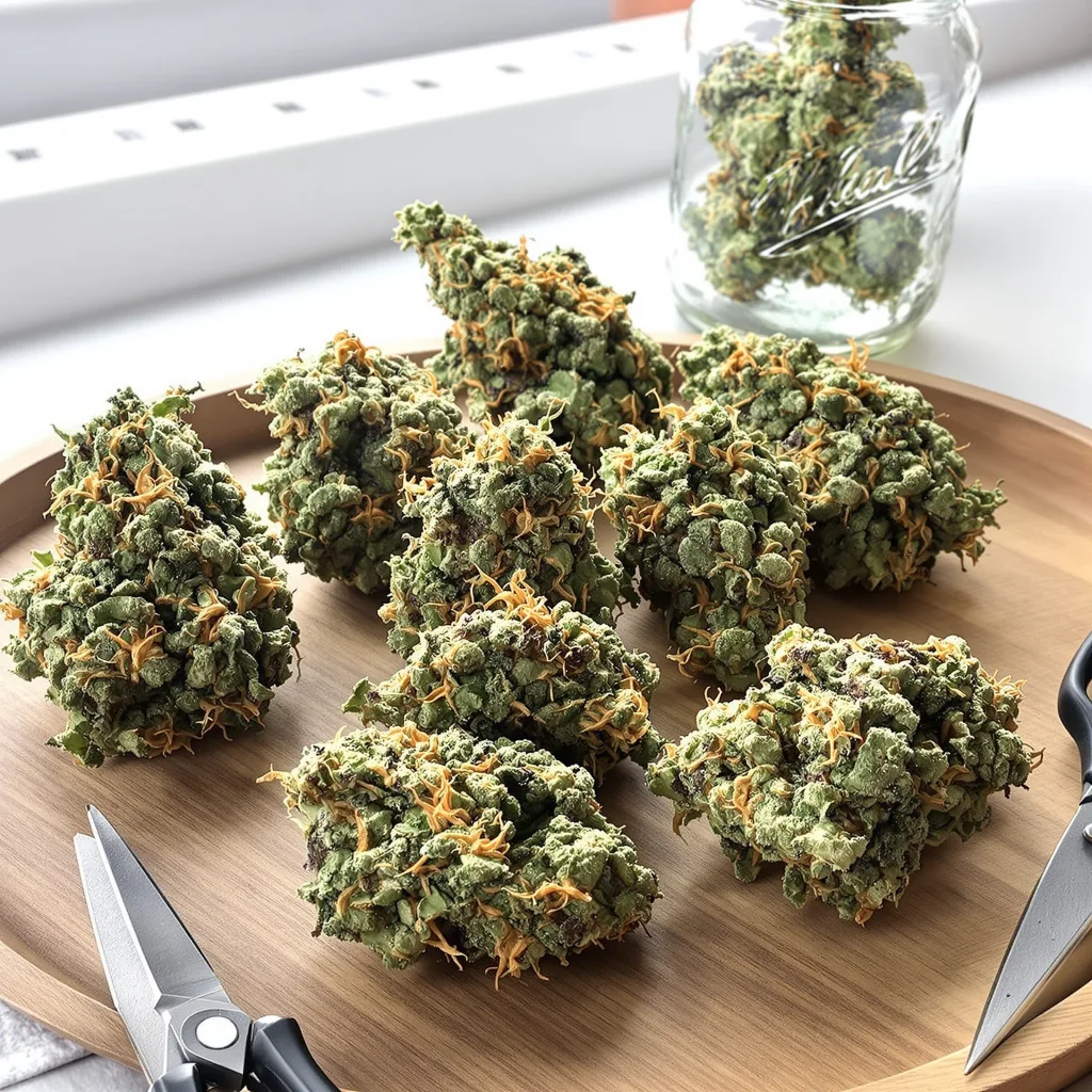 Strawberry Fizz Prerolls 50% Indica / 50% Sativa — Blüte mit sichtbaren Trichomen