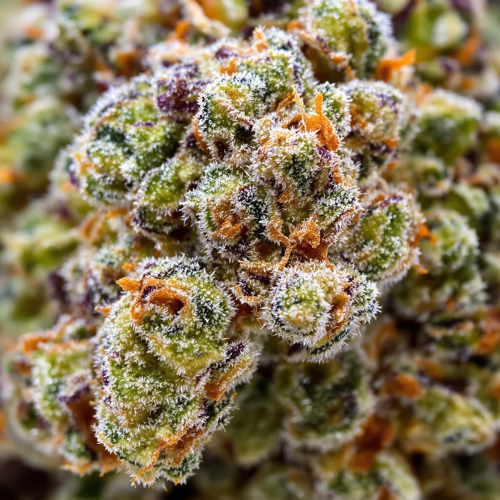 Strawberry Fizz Prerolls Cannabisblüte Nahaufnahme mit ausgewogene Blütenstruktur mit eisigen Trichomen