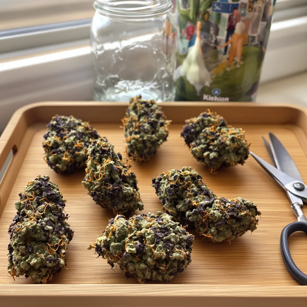 Strawberry Gorilla 70% Indica / 30% Sativa — Blüte mit sichtbaren Trichomen