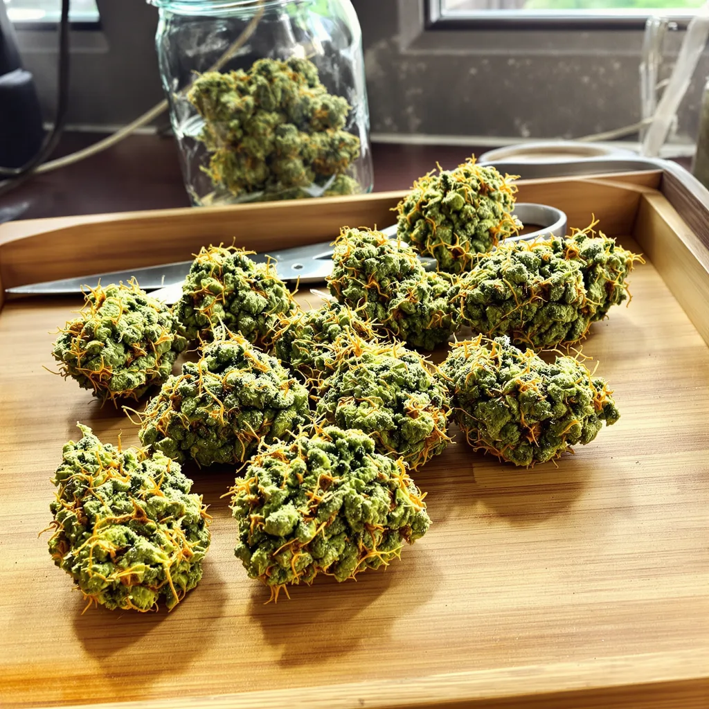 Strawberry Haze 25% Indica / 75% Sativa — Blüte mit sichtbaren Trichomen