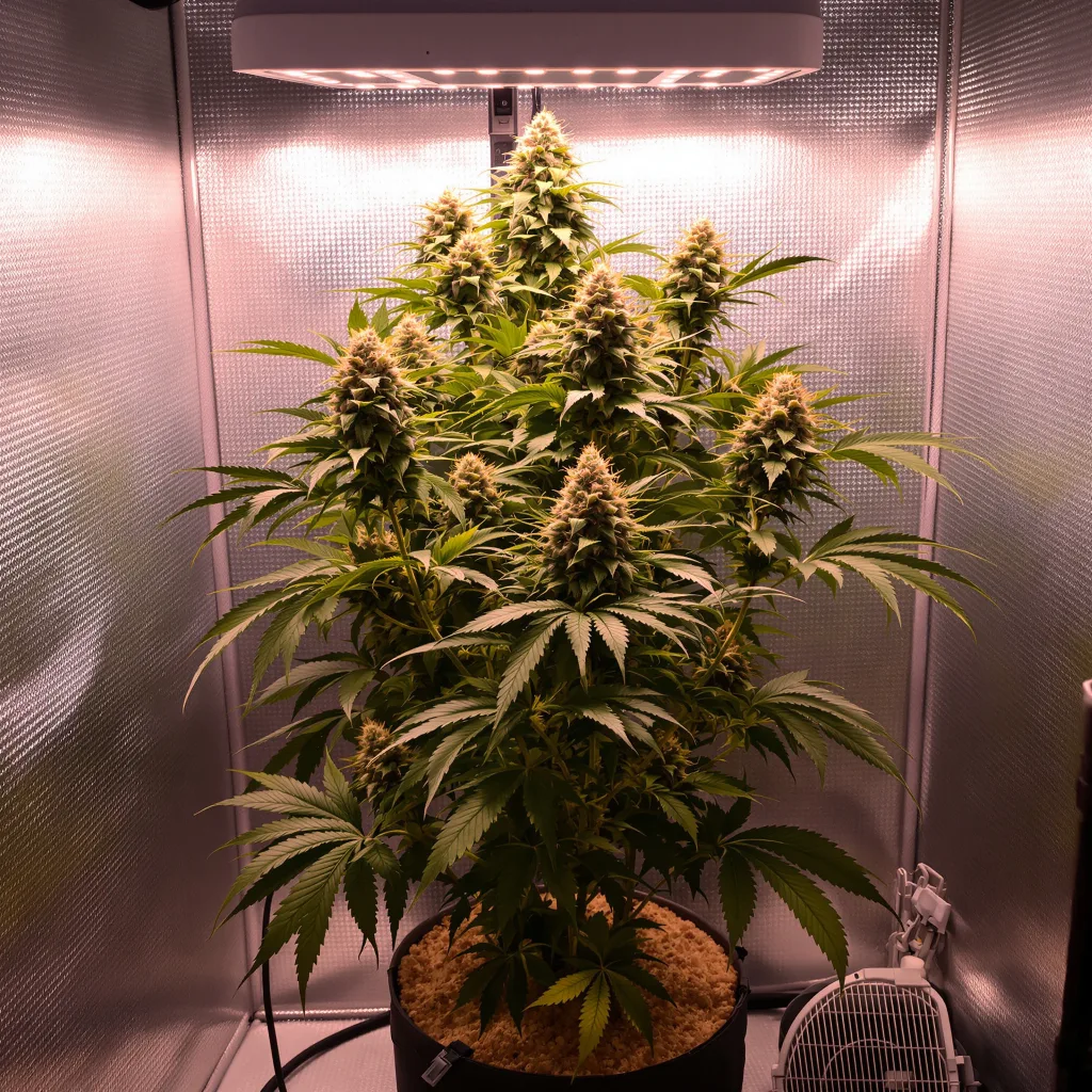 Strawberry Kush 78% Indica / 22% Sativa — Blüte mit sichtbaren Trichomen