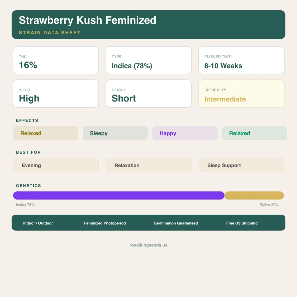 Strawberry Kush 78% Indica / 22% Sativa — Blüte mit sichtbaren Trichomen