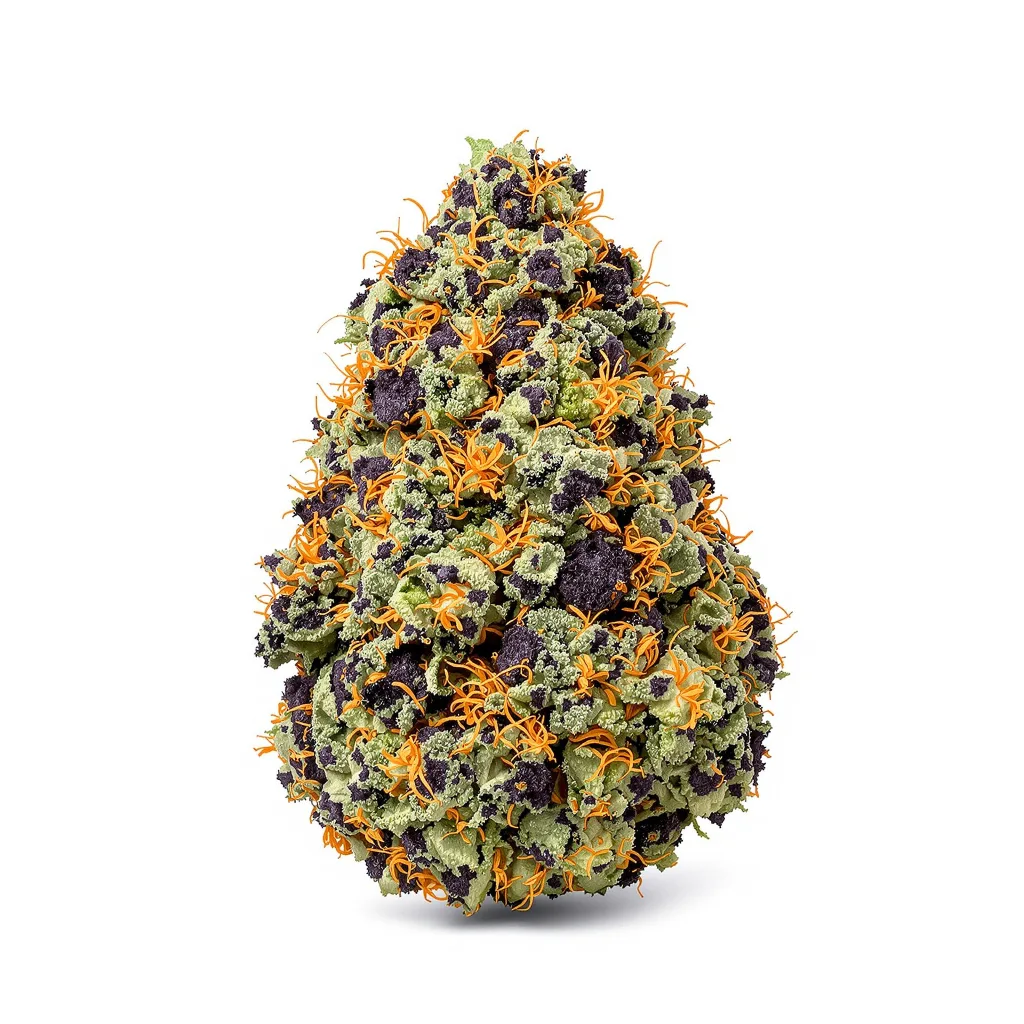 Strawberry Kush 78% Indica / 22% Sativa — Blüte mit sichtbaren Trichomen