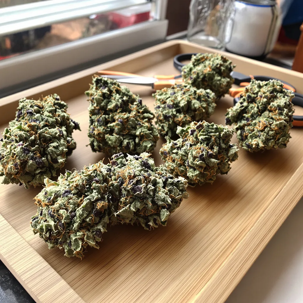 Sunrise 37% Indica / 63% Sativa — Blüte mit sichtbaren Trichomen