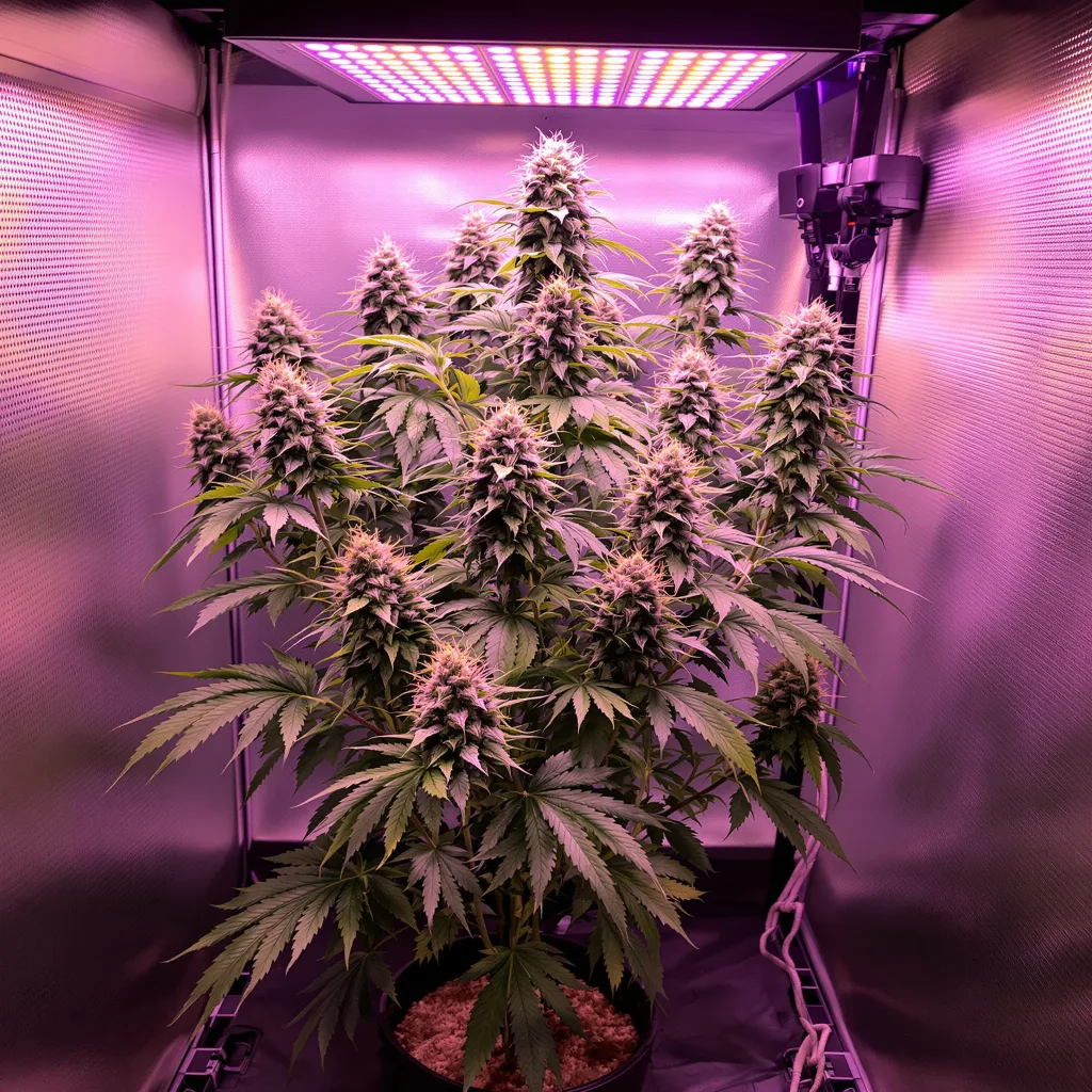 Sunrise 37% Indica / 63% Sativa — Blüte mit sichtbaren Trichomen