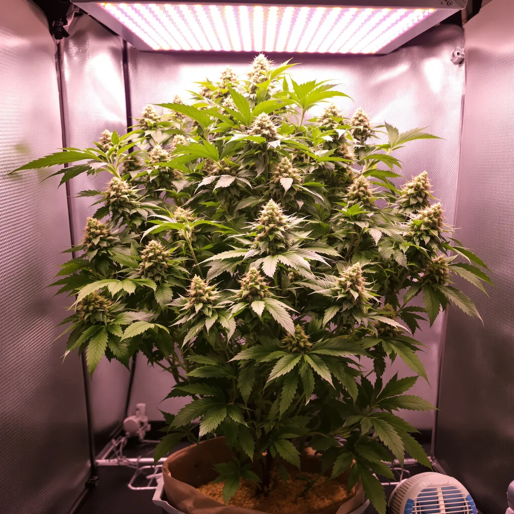 Super Cheese 89% Indica / 11% Sativa — Blüte mit sichtbaren Trichomen