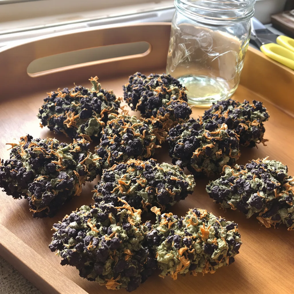 Super Kush 71% Indica / 29% Sativa — Blüte mit sichtbaren Trichomen