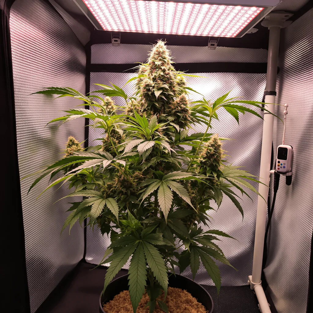Super Kush 71% Indica / 29% Sativa — Blüte mit sichtbaren Trichomen