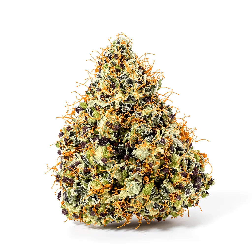 Super Kush 71% Indica / 29% Sativa — Blüte mit sichtbaren Trichomen
