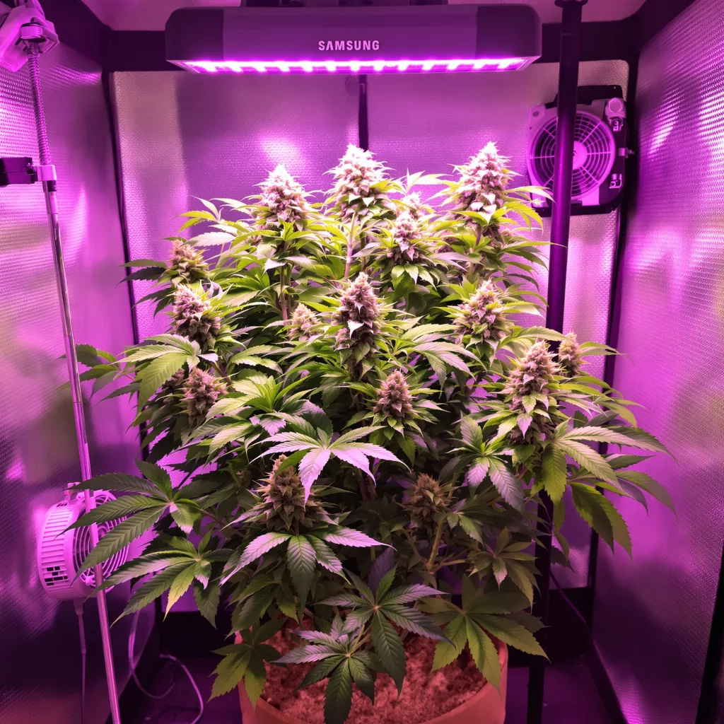 Super Skunk 70% Indica / 30% Sativa — Blüte mit sichtbaren Trichomen