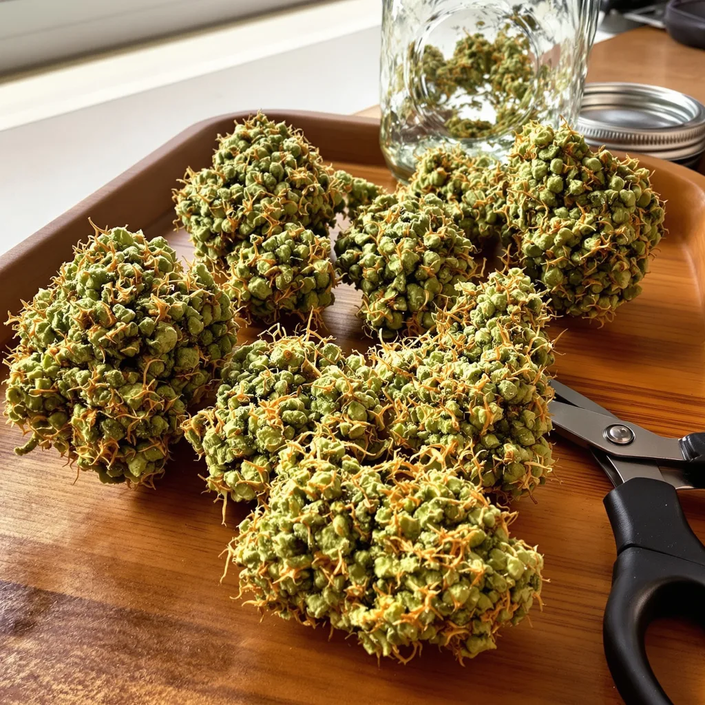 Sweet Cheese 17% Indica / 83% Sativa — Blüte mit sichtbaren Trichomen