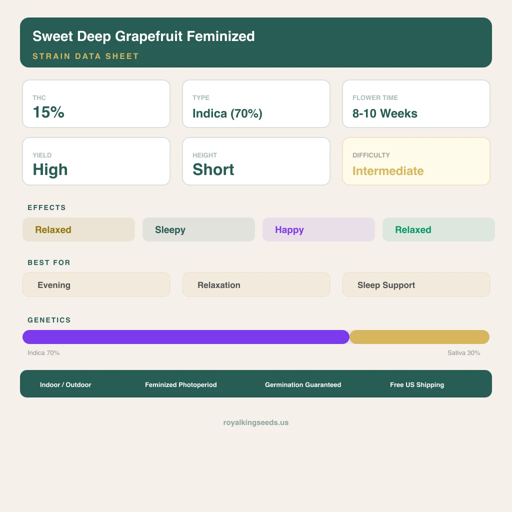 Sweet Deep Grapefruit 70% Indica / 30% Sativa — Blüte mit sichtbaren Trichomen