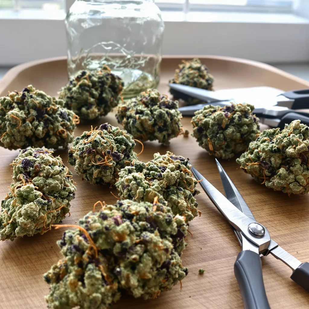 Sweet Nina 54% Indica / 46% Sativa — Blüte mit sichtbaren Trichomen