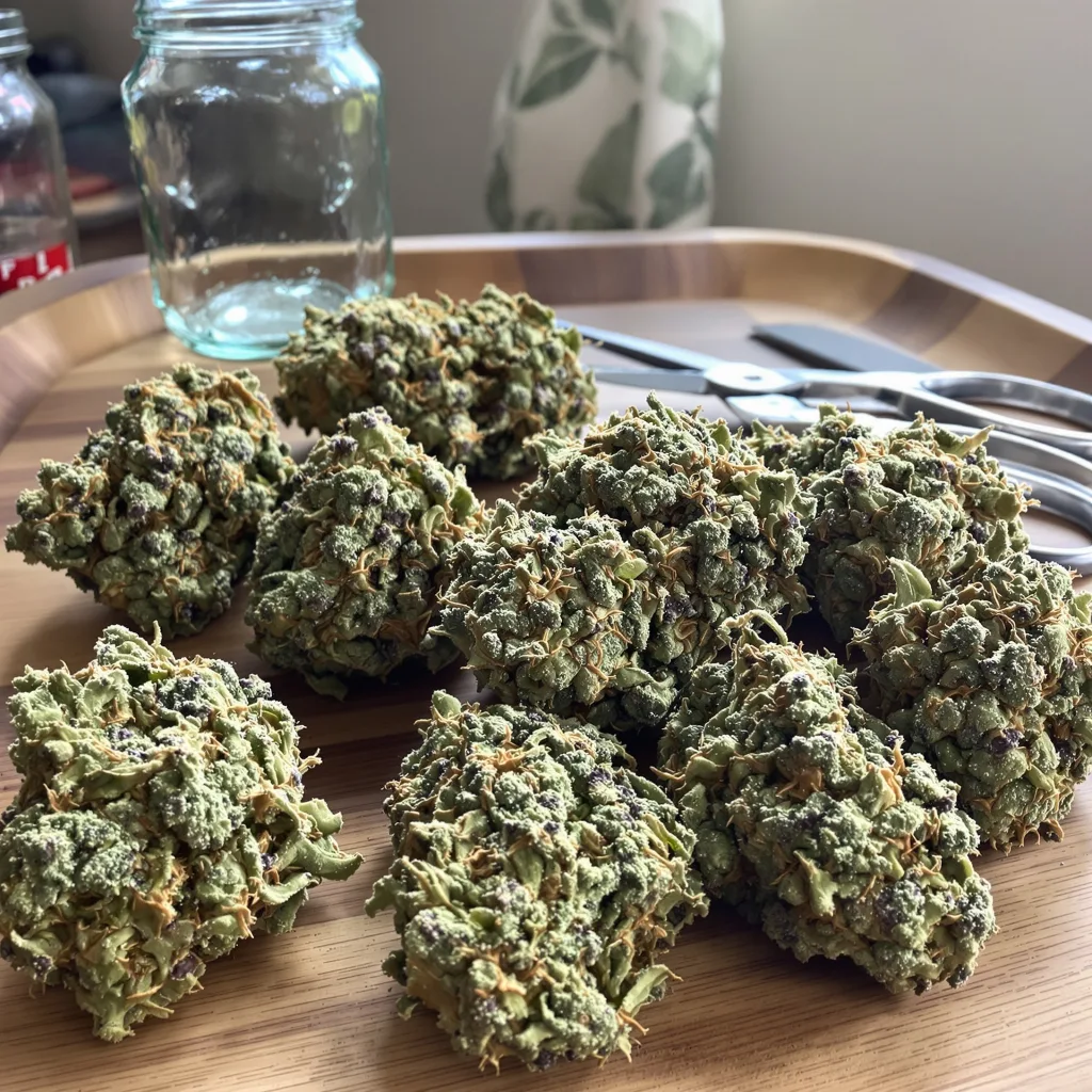 Sweet Pebbles 49% Indica / 51% Sativa — Blüte mit sichtbaren Trichomen