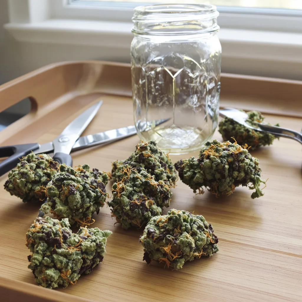 Swiss 72% Indica / 28% Sativa — Blüte mit sichtbaren Trichomen