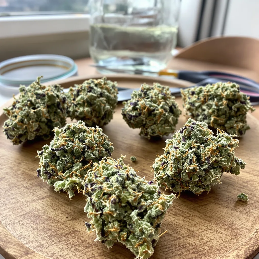 Tahoe OG 50% Indica / 50% Sativa — Blüte mit sichtbaren Trichomen