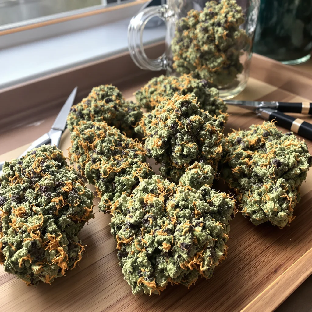 Tahoe OG Kush 62% Indica / 38% Sativa — Blüte mit sichtbaren Trichomen