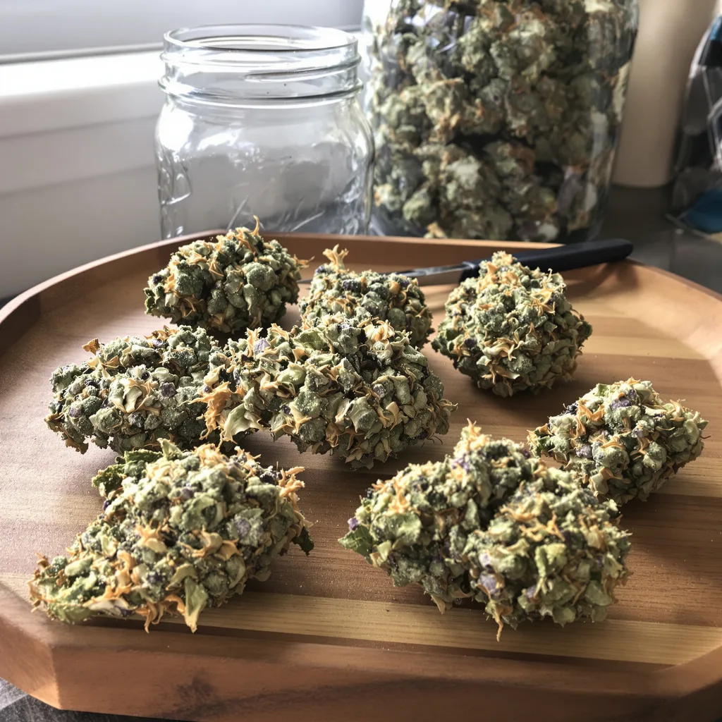 Tangerine 40% Indica / 60% Sativa — Blüte mit sichtbaren Trichomen