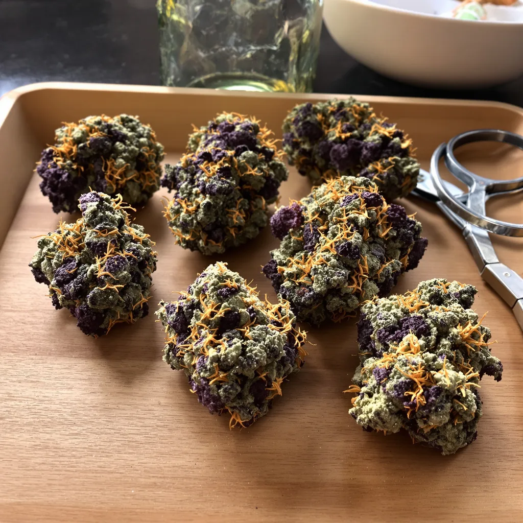 Tangerine Kush 70% Indica / 30% Sativa — Blüte mit sichtbaren Trichomen