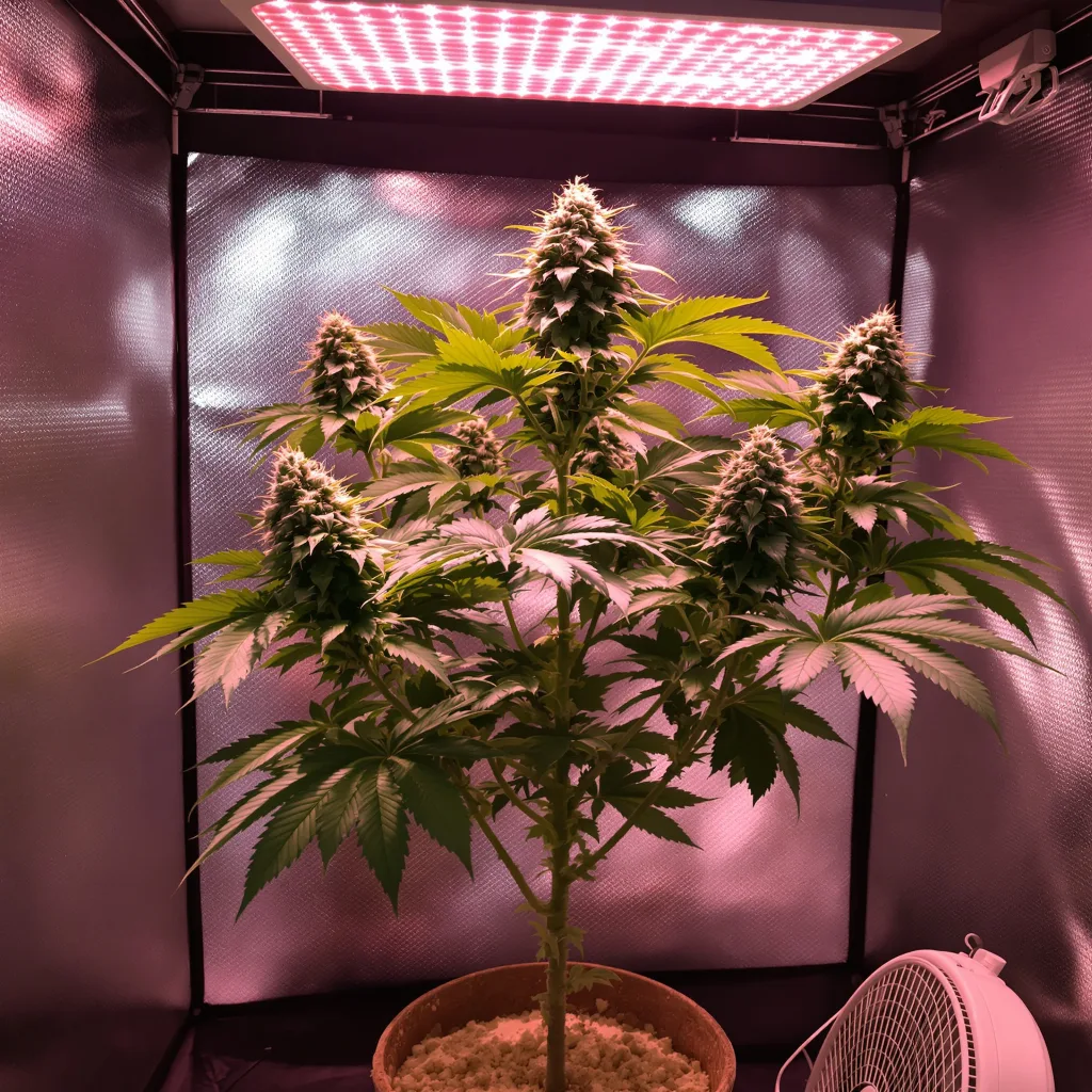 Tangerine Kush 70% Indica / 30% Sativa — Blüte mit sichtbaren Trichomen