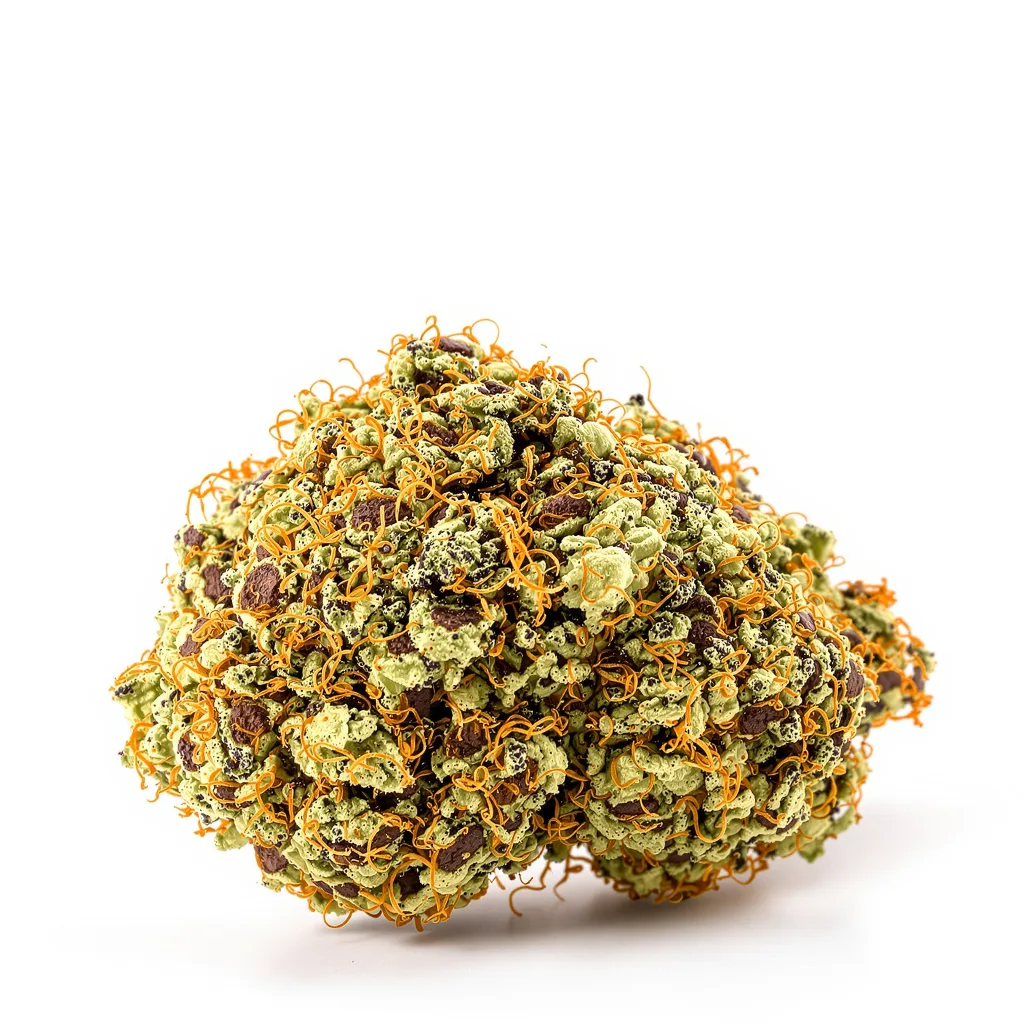 Tangerine Kush 70% Indica / 30% Sativa — Blüte mit sichtbaren Trichomen