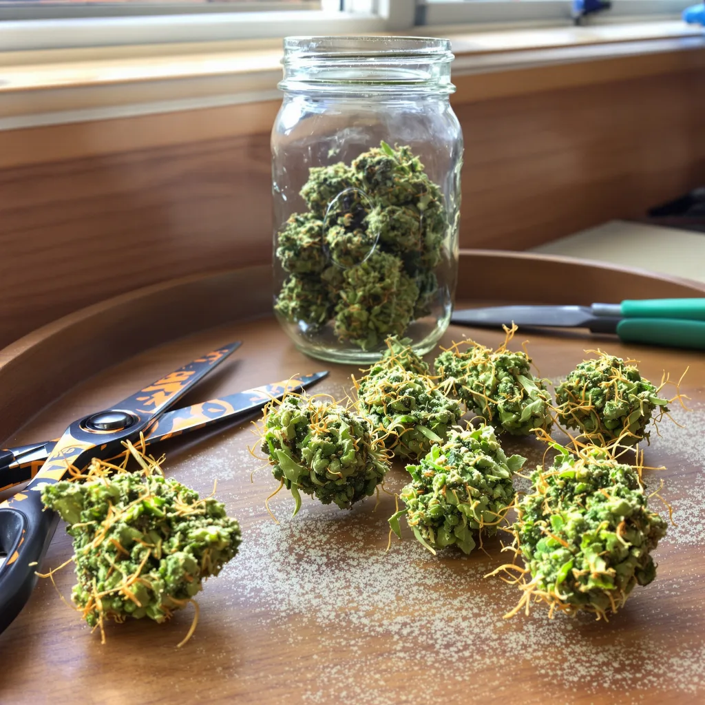 Tangerine Power 50% Indica / 75% Sativa — Blüte mit sichtbaren Trichomen