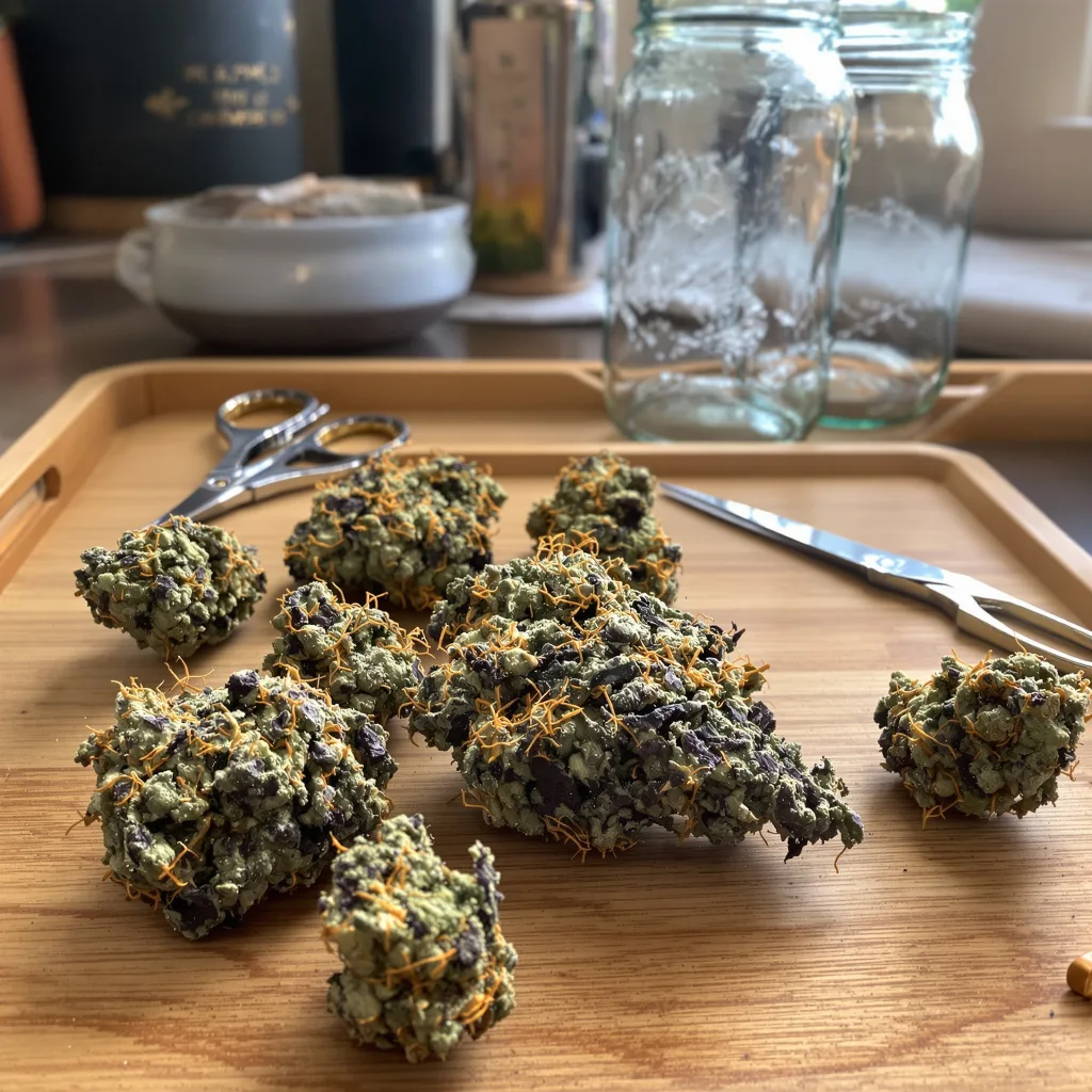 The Sister 77% Indica / 23% Sativa — Blüte mit sichtbaren Trichomen