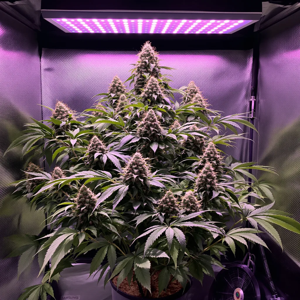 Tora Bora 100% Indica / 50% Sativa — Blüte mit sichtbaren Trichomen