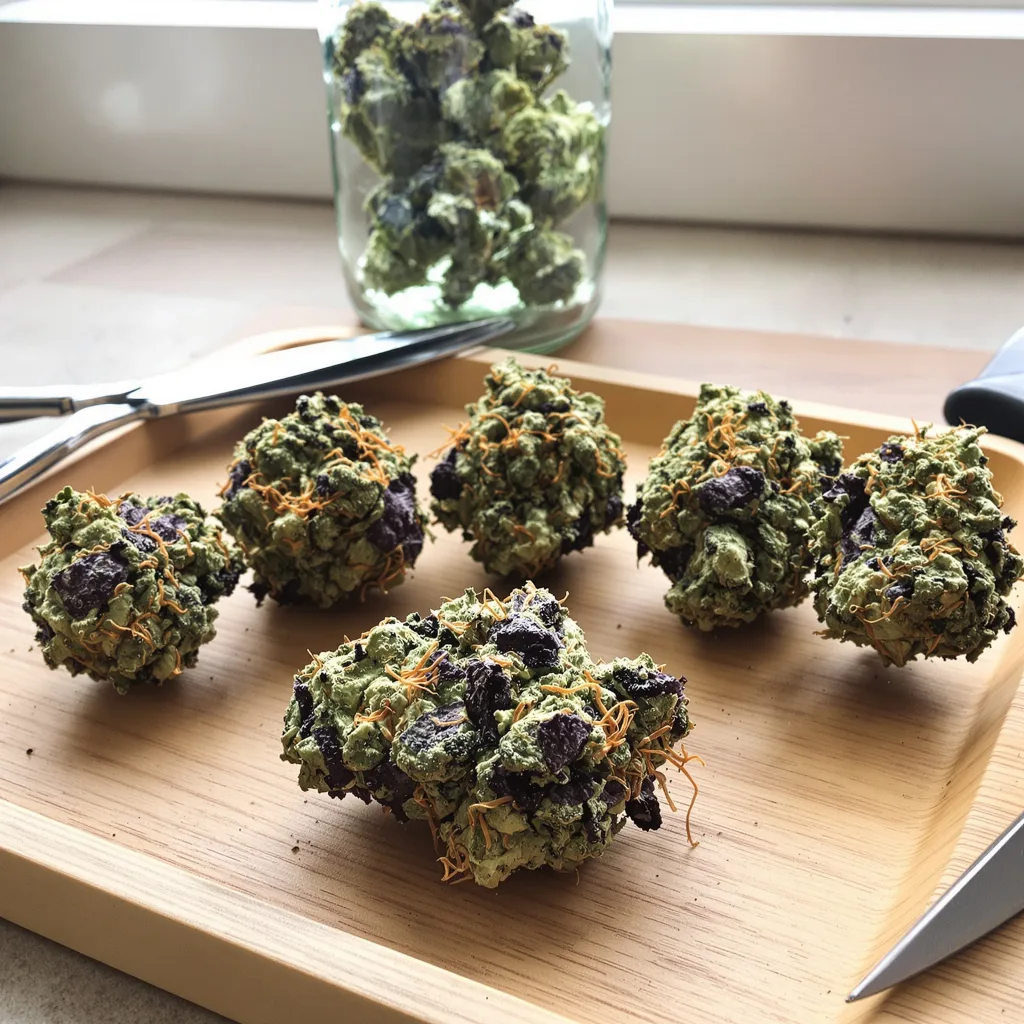 Training Day 66% Indica / 34% Sativa — Blüte mit sichtbaren Trichomen