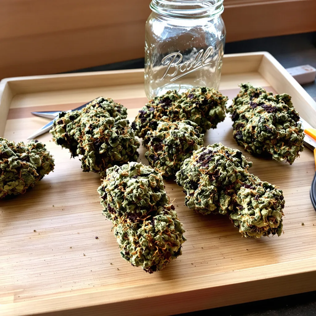 Triangle Kush 70% Indica / 20% Sativa — Blüte mit sichtbaren Trichomen