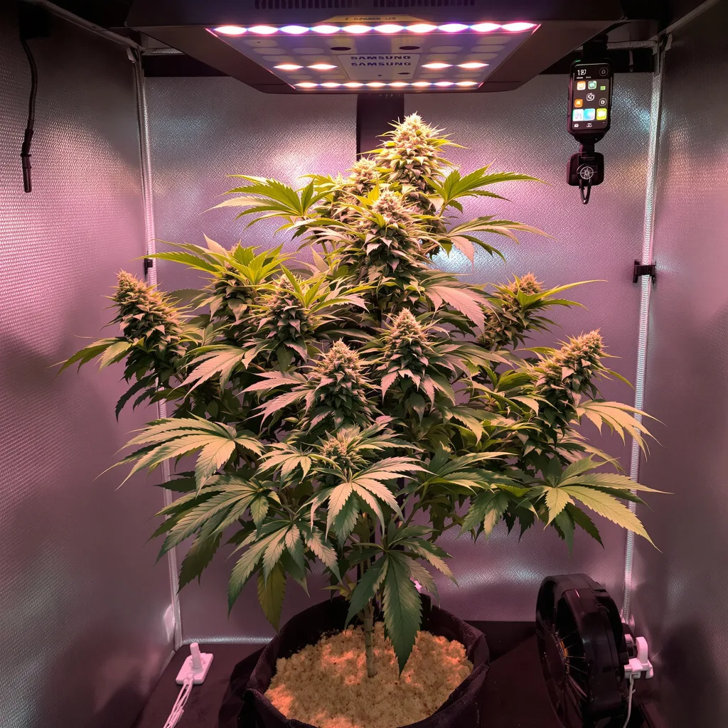 Triangle Kush 70% Indica / 20% Sativa — Blüte mit sichtbaren Trichomen