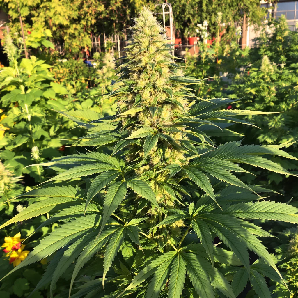 Triangle Kush 70% Indica / 20% Sativa — Blüte mit sichtbaren Trichomen