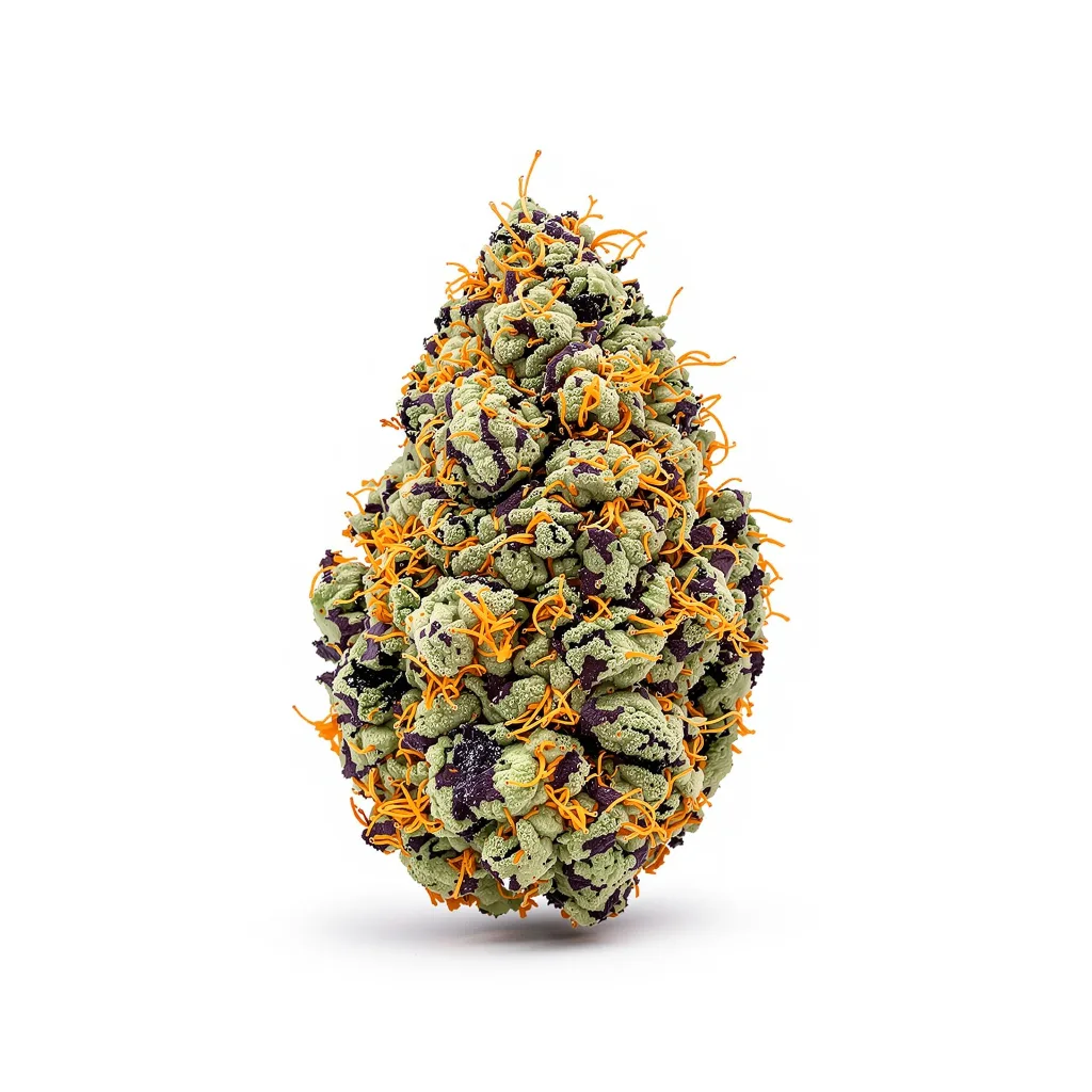 Triangle Kush 70% Indica / 20% Sativa — Blüte mit sichtbaren Trichomen